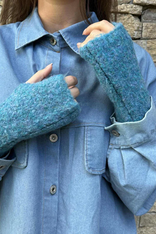 Boucle Fingerless Gloves Teal Melange